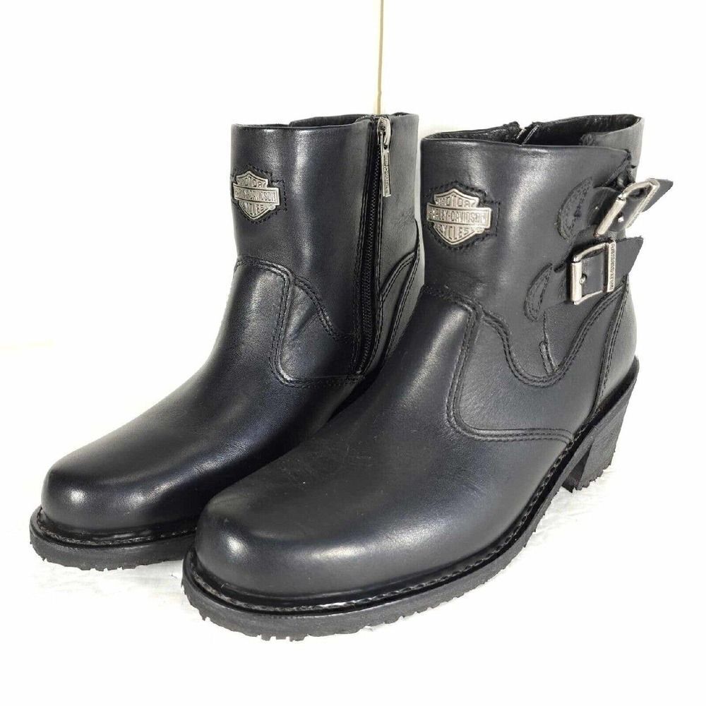 Harley Davidson Women's US8 Black Leather Double Buckle Moto Biker Boots 88450
